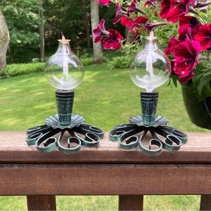 Vintage Hong Kong Oil Lamps – Pair Tabletop Hurricane Fairy Lamps Glass Chimney